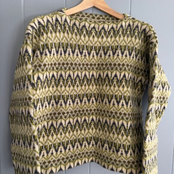 Vintage Swedish Wool Sweater Fair Isle Nordic Geometric Green Cream Pullover M - Picture 1 of 9